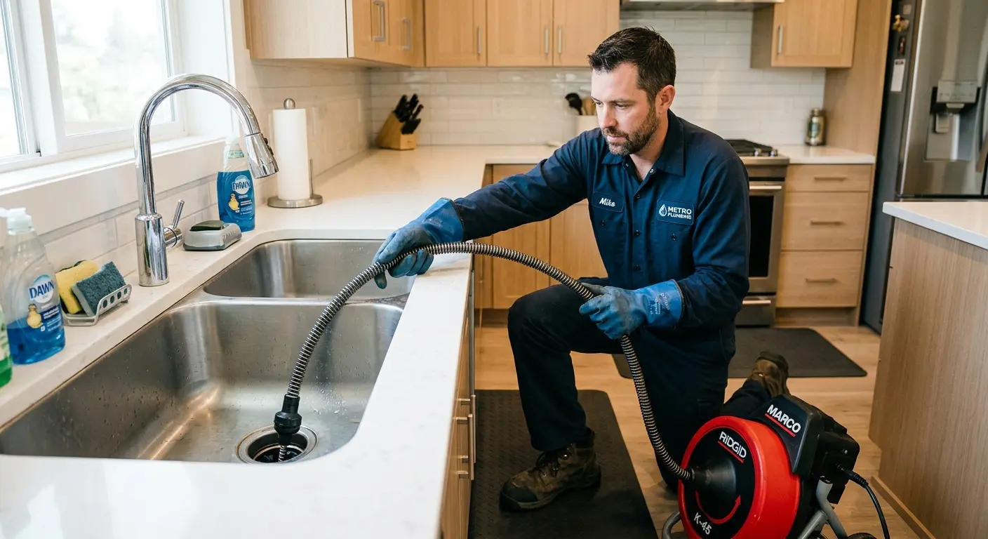 Drain cleaning technician using a motorized snake on a kitchen sink in Kinston