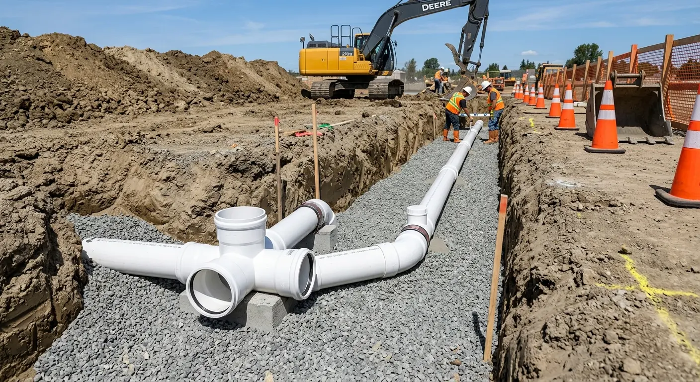 New PVC sewer pipe installation in open trench for Commercial Drain Cleaning in Kinston