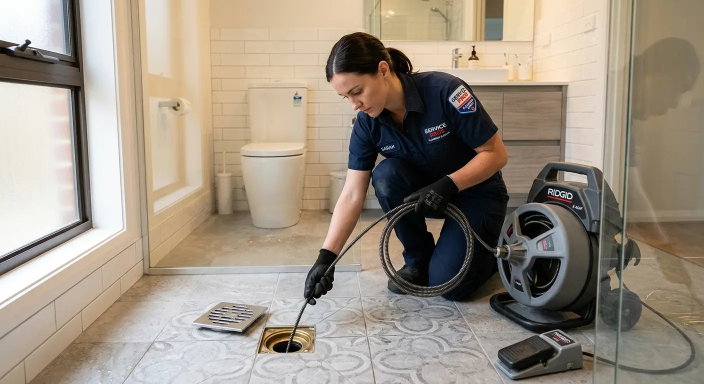 Technician clearing a bathroom floor drain for Drain Repair in Kinston